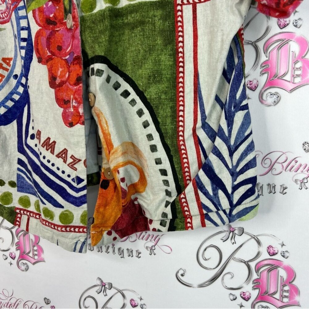 Rachel Zoe button up stamp style travel fruit food Multicolor Graphic Shirt - Picture 3 of 8